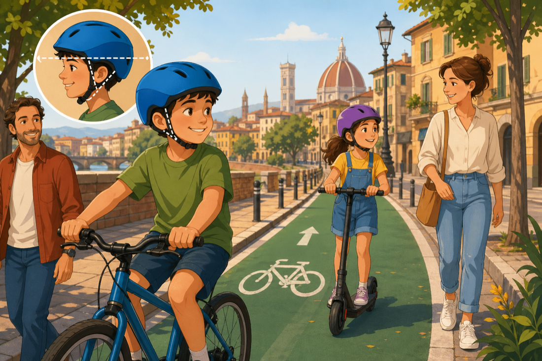 Cartone: bici e monopattino con elmetto