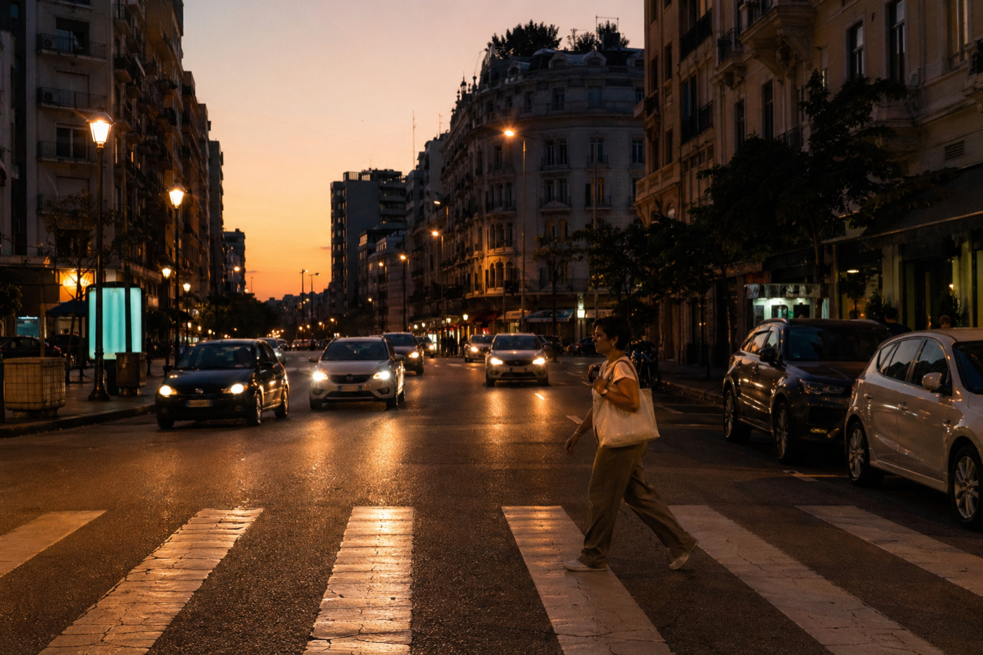 Attraversamento in città, luce crepuscolare